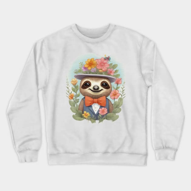 cute little sloth wearing a hat and a bow tie Crewneck Sweatshirt by JnS Merch Store